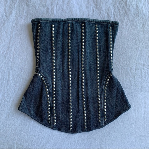 NWT Miaou Libra Stud Denim Jean Cotton Strapless Corset Bustier Top Duran Silver - Picture 4 of 10